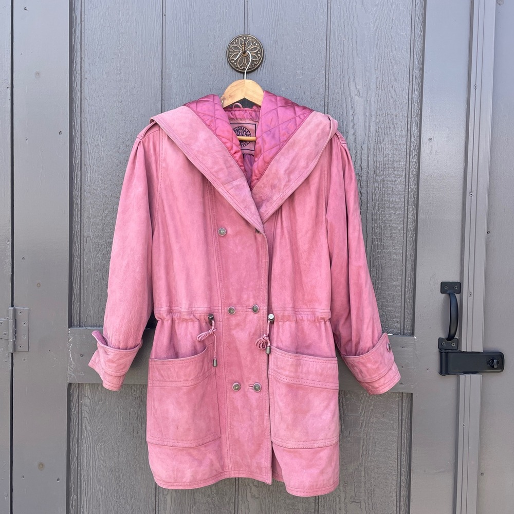 Global Identity‎ G-III Vintage Pink Leather Hooded Parka Jacket Womens Medium